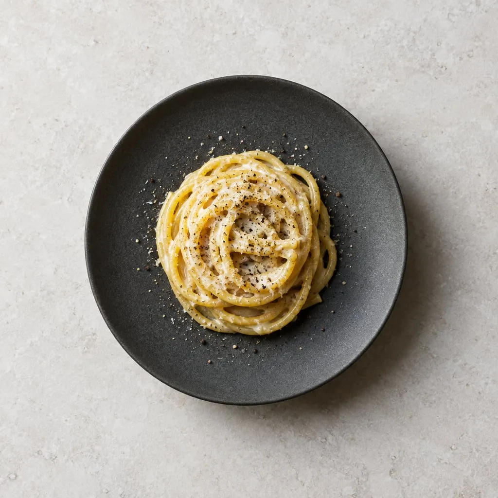 Tonnarelli cacio e pepe in un piatto scuro